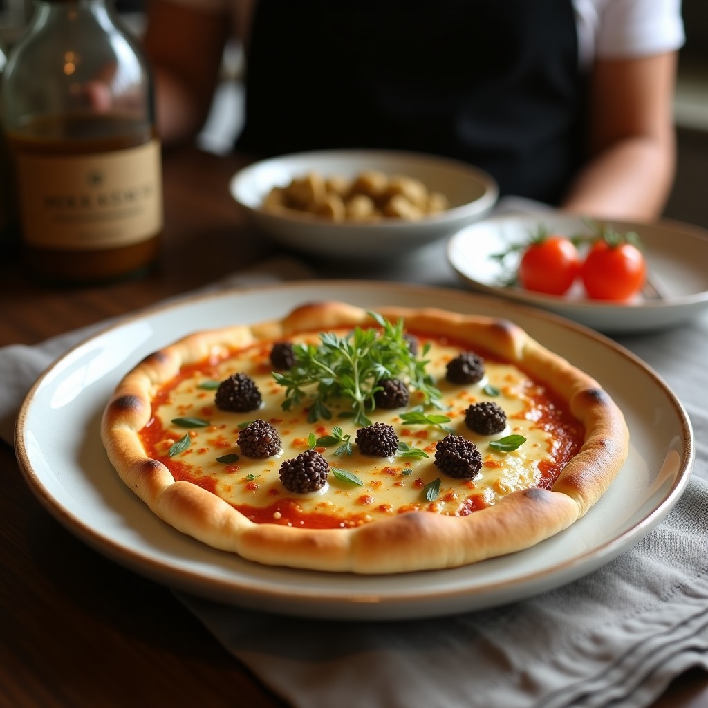 Pizza vegana crujiente con base dorada de coliflor y semillas de chía, cubierta de hongos shitake salteados, tomates cherry y albahaca fresca, servida en tabla de madera con fondo borroso.