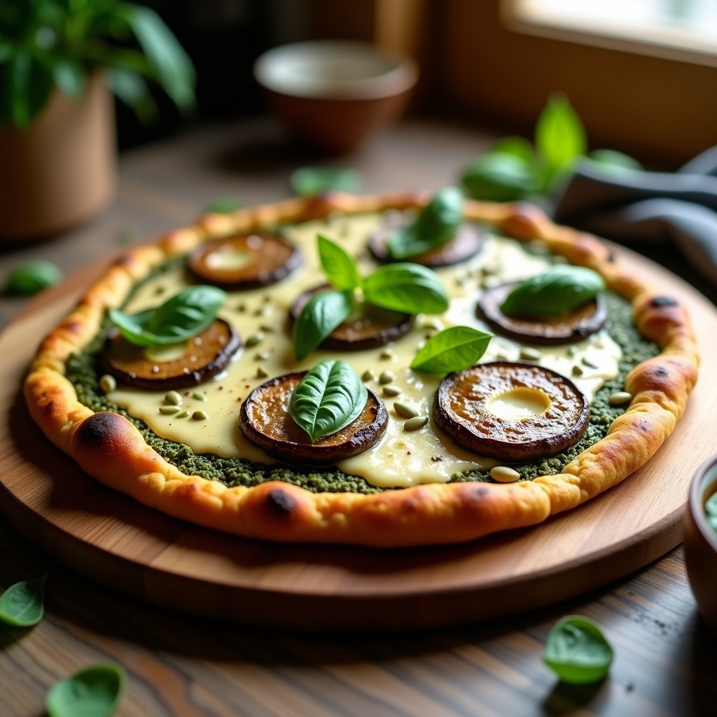 Pizza dorada y crujiente de coliflor y espirulina con queso vegano cremoso y champiñones portobello asados, servida en tabla de madera con perejil fresco y aceite de oliva.