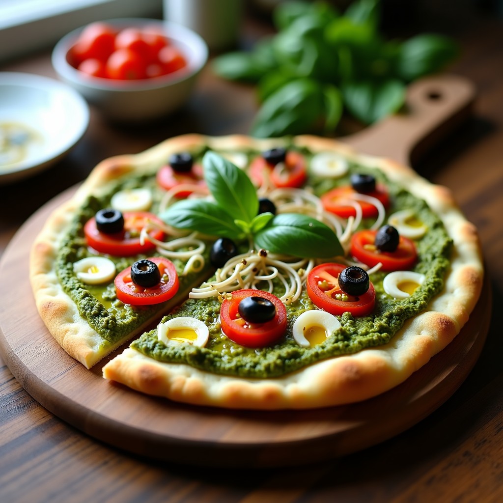 Pizza de Coliflor con Pesto de Espirulina y Queso Vegano: Receta Crudivegana Sin Horno