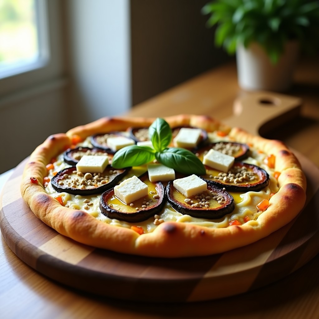Pizza keto de base crujiente de coliflor dorada, cubierta con hummus cremoso, rodajas de berenjena asada morada, queso feta desmenuzado, hojas de albahaca fresca y semillas de sésamo tostadas, servida sobre tabla de madera rústica.