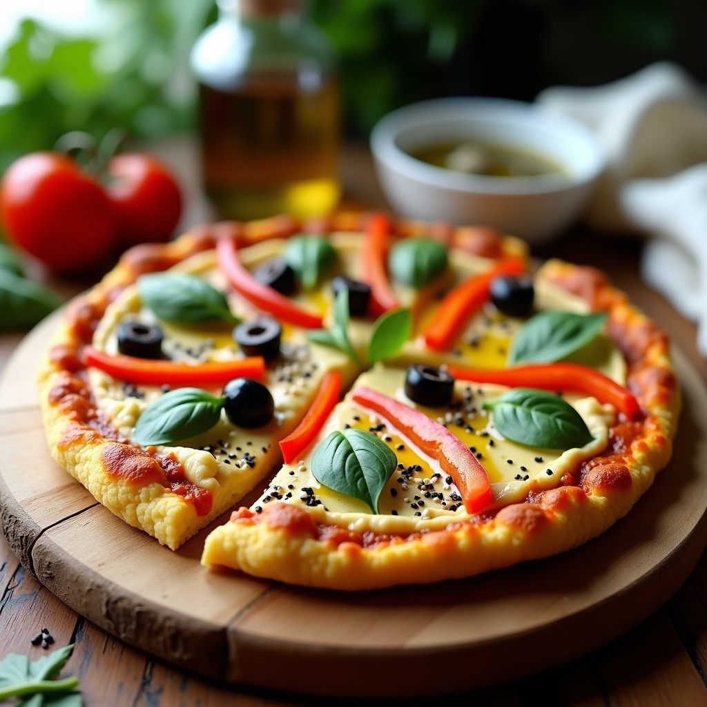 Pizza vegana keto con base dorada de lentejas rojas y coliflor, cubierta de hummus cremoso, tomates cherry rojos, aceitunas negras y hojas de albahaca fresca. Plato saludable y alto en proteína sobre tabla de madera rústica.