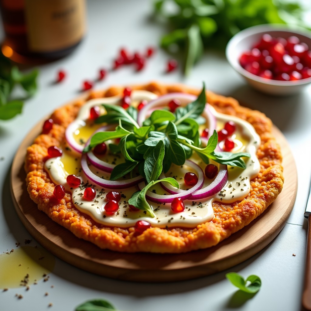 Pizza vegana crujiente con base dorada de lentejas rojas y coliflor, cubierta de pasta de tomate, cebolla morada, rúcula fresca, granados rojos y semillas de sésamo tostadas, servida en bandeja rústica de madera.