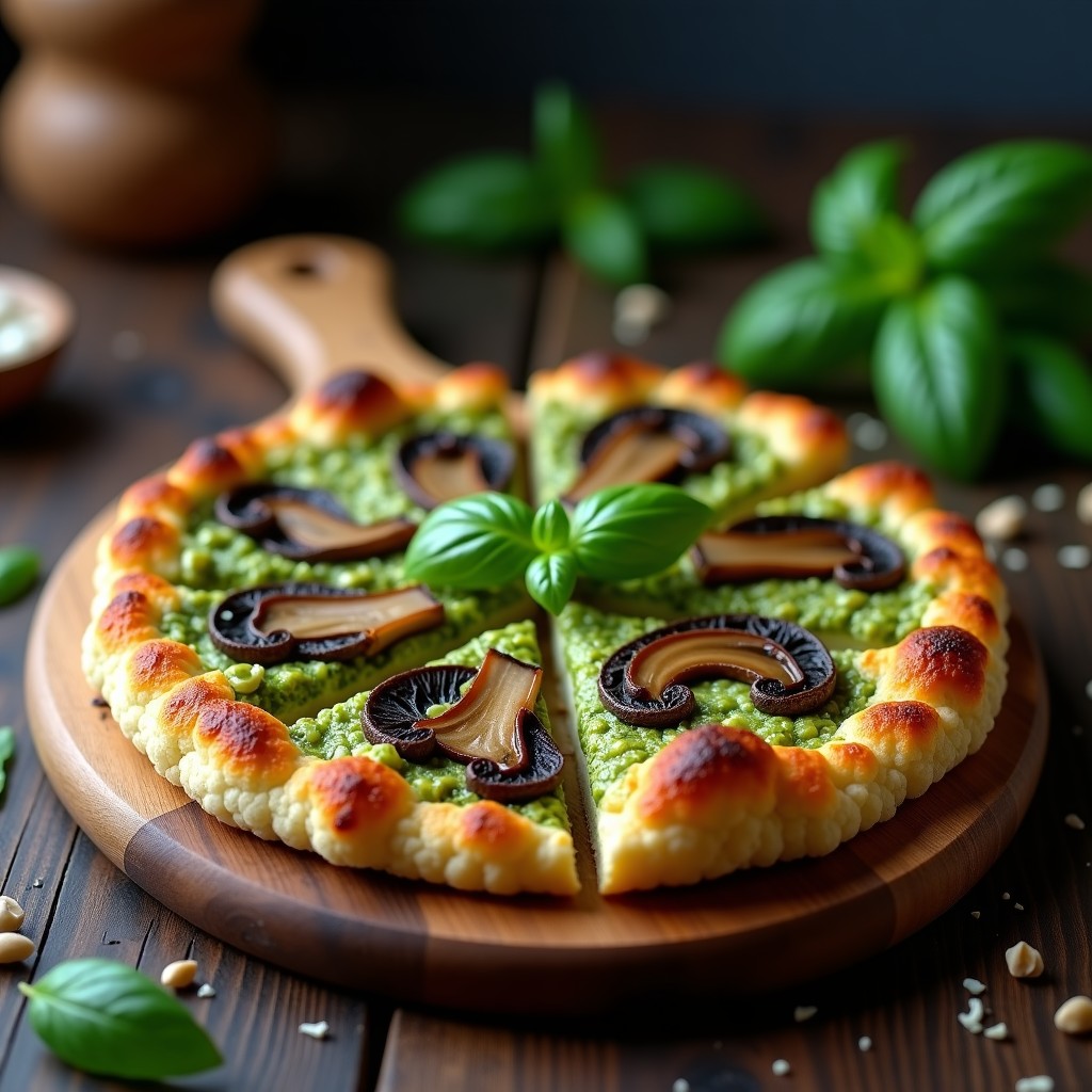 Pizza keto de coliflor con base dorada y crujiente, cubierta de pesto de albahaca verde intenso y láminas jugosas de champiñones portobello asados, sobre tabla de madera rústica.
