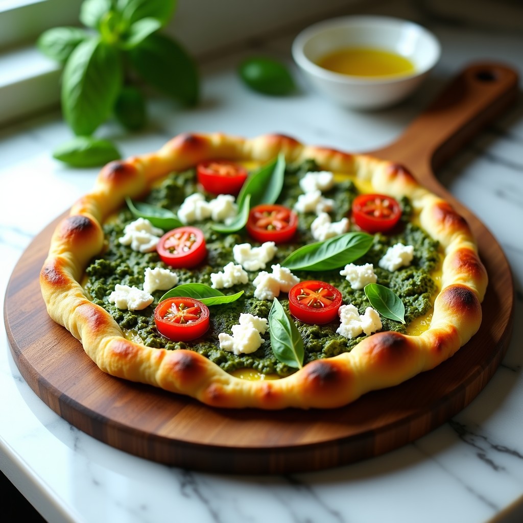Pizza de coliflor dorada y crujiente con una capa vibrante de pesto de albahaca verde, queso feta desmenuzado blanco y tomates cherry rojos asados. Receta keto sin gluten sobre tabla de madera rústica.