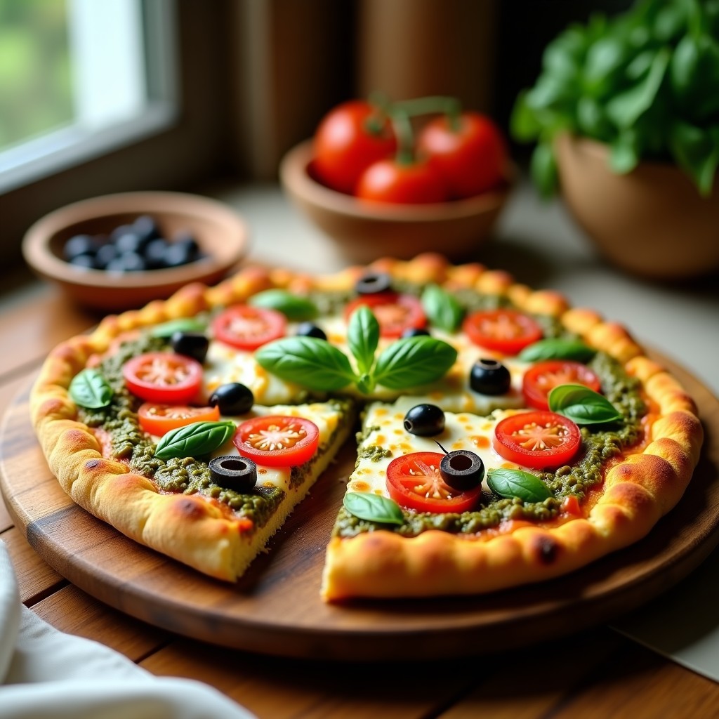 Pizza de coliflor dorada y crujiente en airfryer, cubierta con pesto de albahaca verde brillante, tomates cherry rojos y queso vegano gratinado, servida en plato de madera rústico.