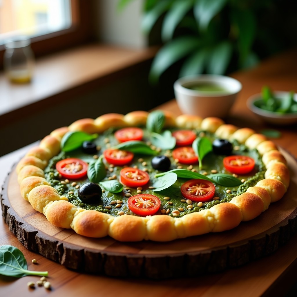 Pizza vegana y keto de base dorada y crujiente de coliflor, cubierta con un vibrante pesto verde de algas nori y semillas de cáñamo, decorada con tomates cherry rojos y aceitunas negras, servida en tabla de madera rústica.