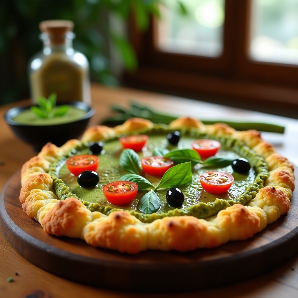Pizza keto de coliflor con base dorada y crujiente, cubierta de pesto de espárrago verde cremoso, tomates cherry rojos, aceitunas negras y hojas de rúcula fresca, servida en tabla de madera rústica. Receta sin lácteos en airfryer.