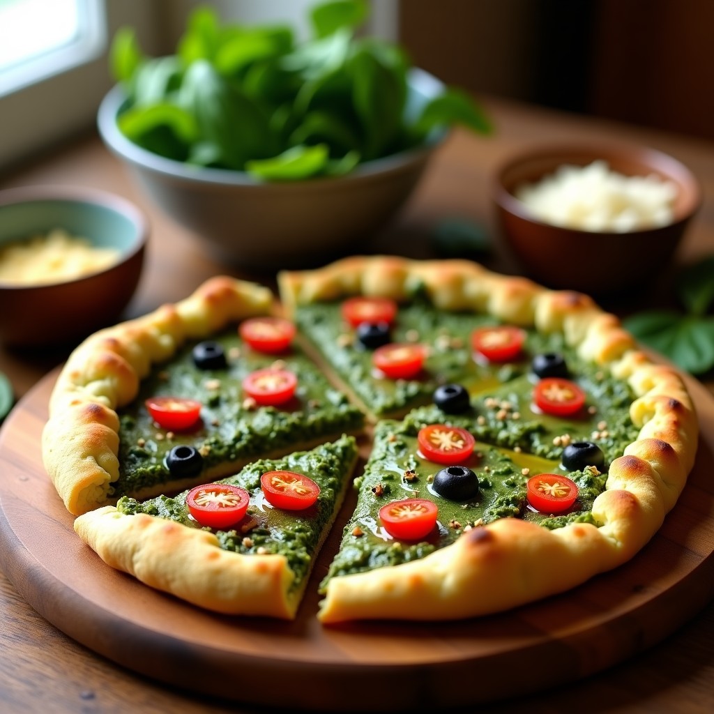 Pizza de coliflor dorada con base crujiente, cubierta de pesto verde de espinacas y anchoas, tomates cherry rojos y aceitunas negras, servida en bandeja de madera rústica.