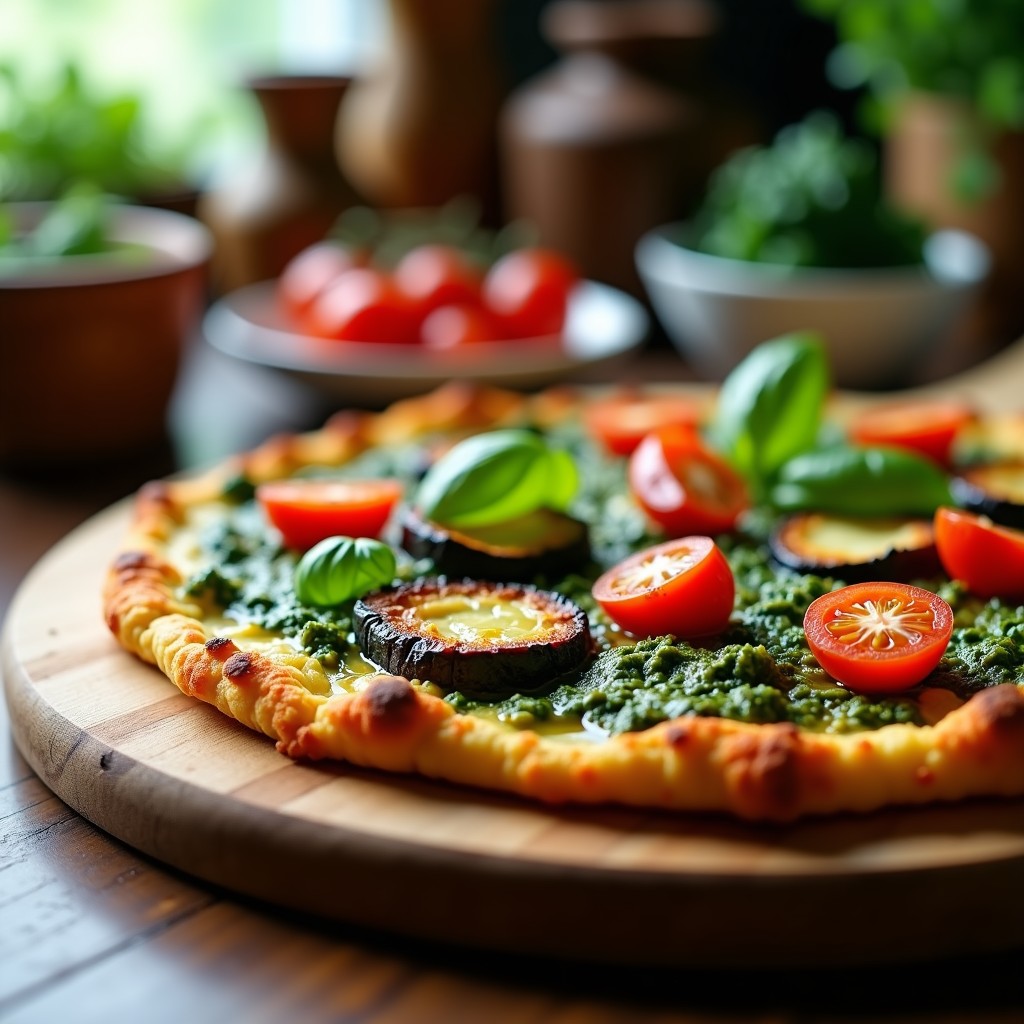 Pizza keto de coliflor con base dorada y crujiente, cubierta de pesto de espinacas verde brillante, tombas de berenjena asada morada y tomates cherry rojos, decorada con hojas de albahaca fresca sobre fondo rústico de madera.