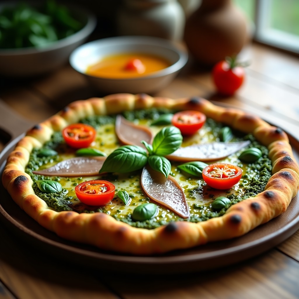 Pizza keto de coliflor dorada con base crujiente, cubierta de pesto verde intenso de espirulina y anchoas, decorada con filetes de anchoas brillantes y piñones tostados. Plato saludable alto en omega-3 y sin harina.