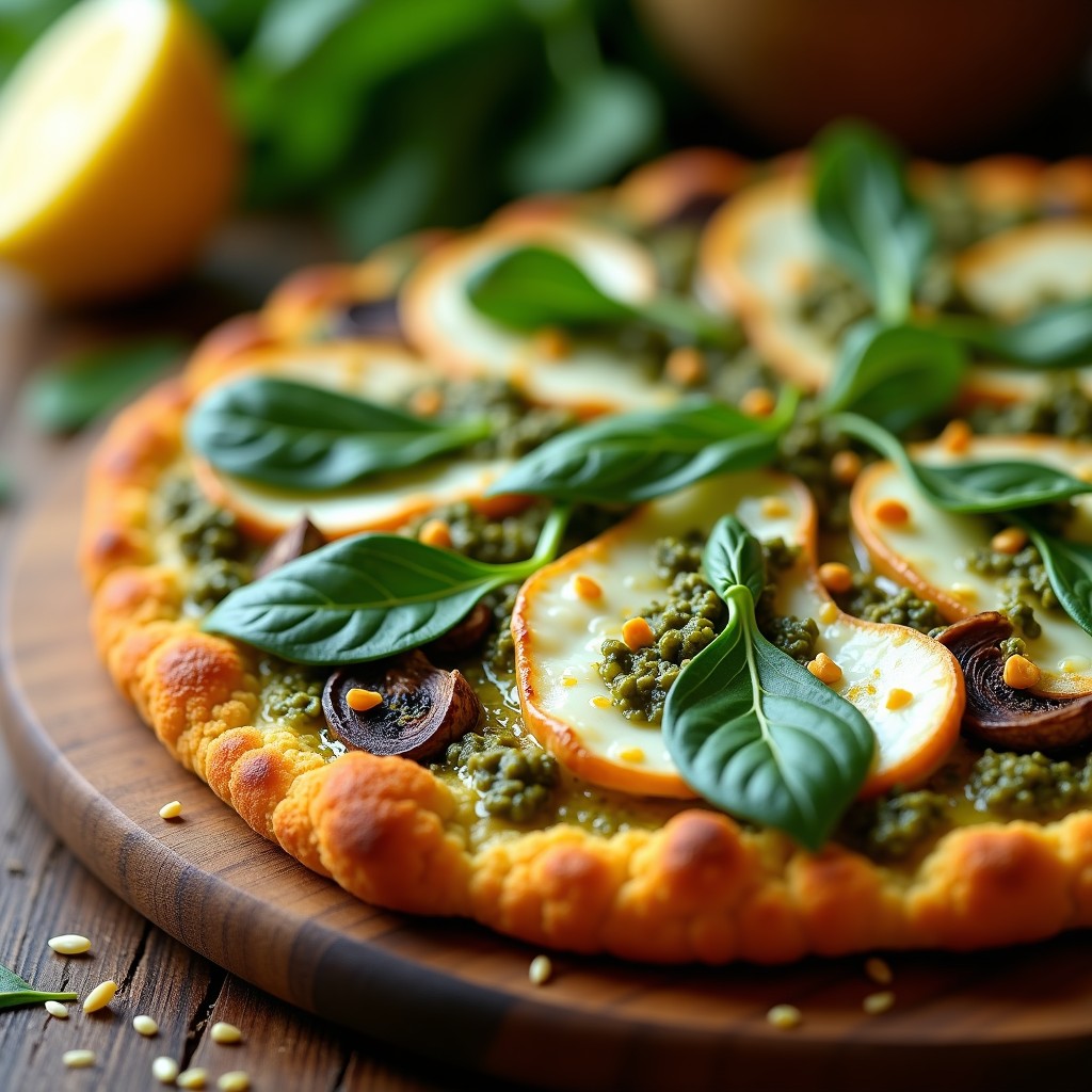 Pizza keto de coliflor con base dorada y crujiente, cubierta de pesto verde de rábano picante, champiñones portobello salteados, cebolla morada y queso mozzarella derretido, servida en un plato de madera rústico.