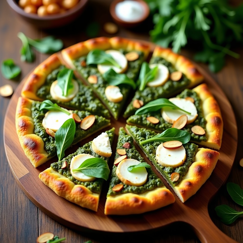 Pizza de coliflor dorada y crujiente en airfryer, cubierta con pesto de rúcula verde intenso, queso de cabra desmenuzado y piñones tostados. Presentada en tabla de madera rústica con hojas de rúcula fresca alrededor.