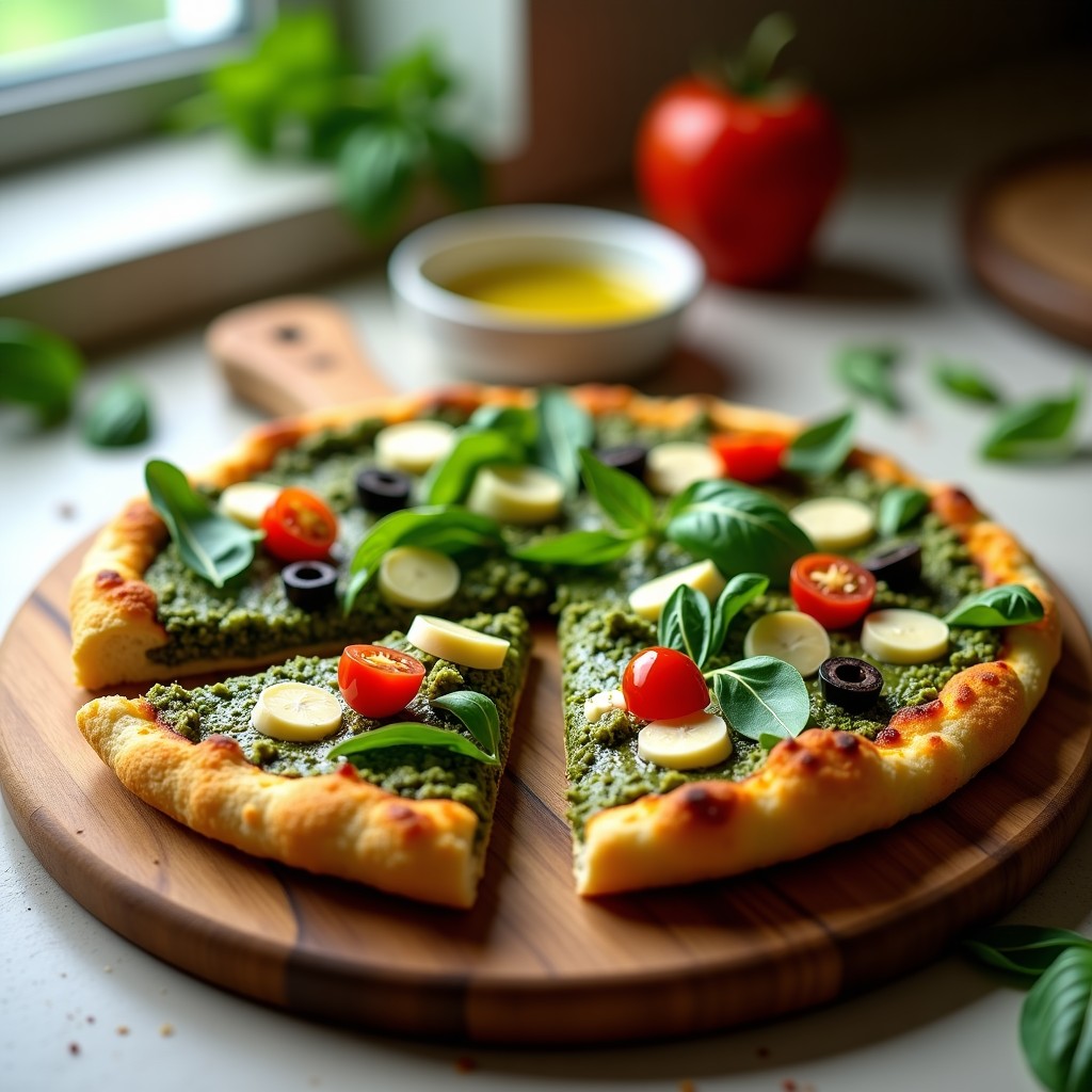 Pizza de base dorada de coliflor crujiente con pesto de rúcula verde intenso, espolvoreada de parmesano vegano blanco y decorada con tomates cherry rojos, aceitunas negras y hojas de albahaca fresca. Receta keto vegana en airfryer.