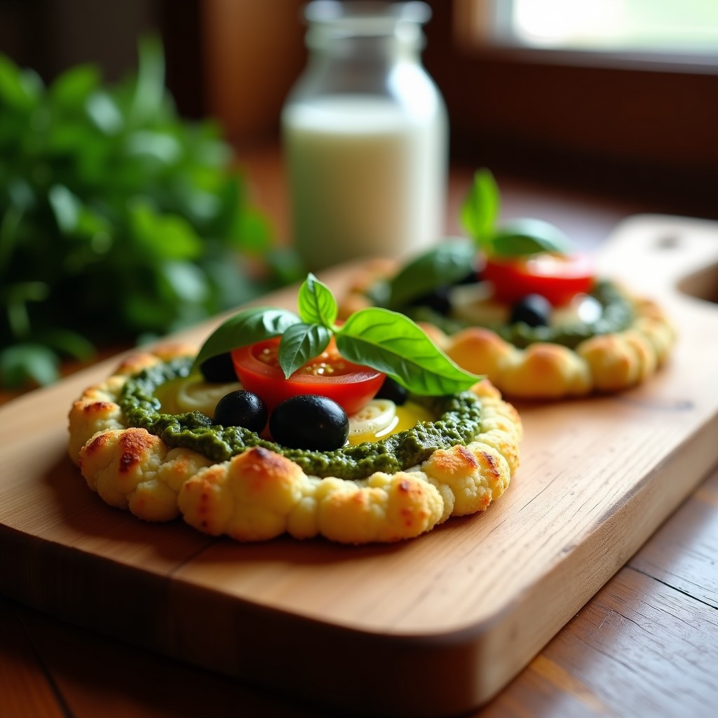 Pizzeta vegana de coliflor dorada con pesto de rúcula verde intenso y queso cremoso de anacardo, decorada con tomates cherry y aceitunas, sobre bandeja de horno rústica.