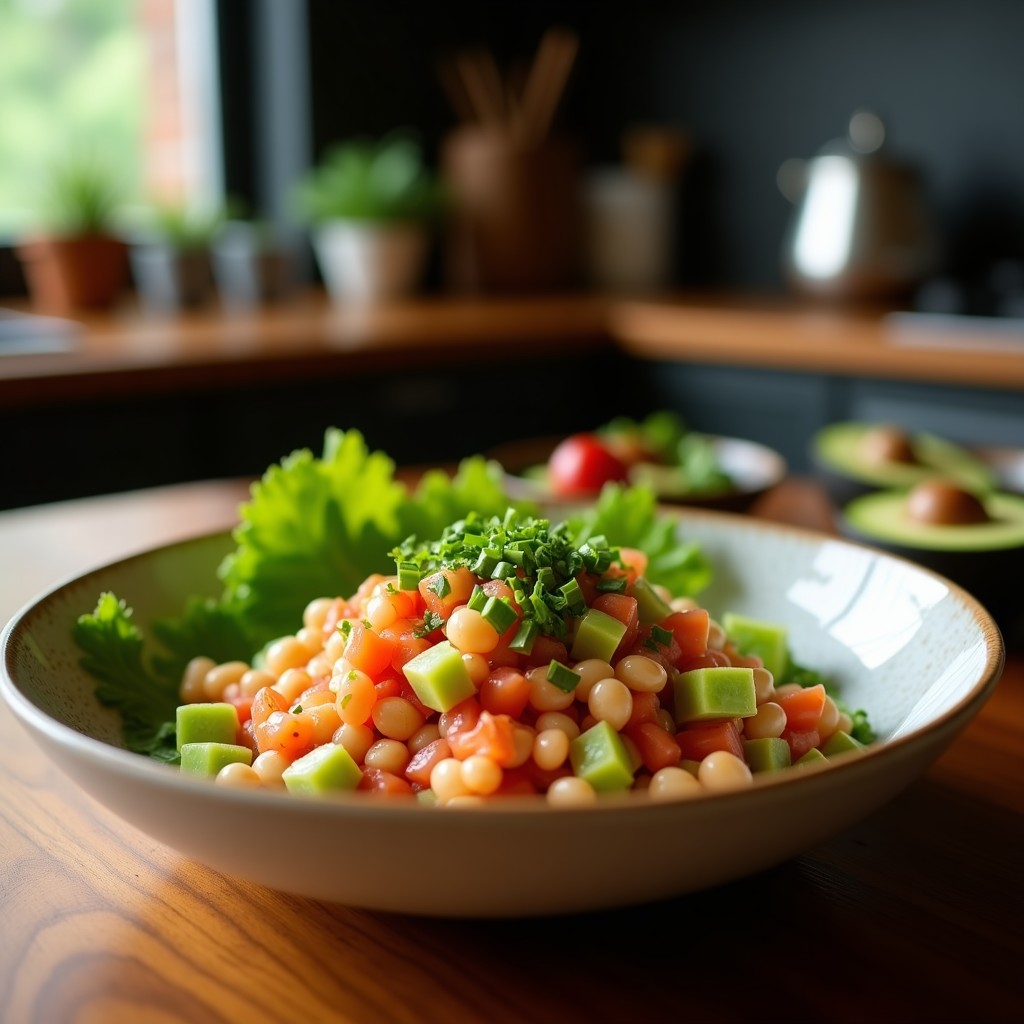 Poke bowl vegano en bol de cerámica negra con arroz blanco, aguacate en cubos, edamame verde, pepino en juliana, zanahoria morada rallada y cebolla morada en plumas. Decorado con semillas de sésamo negro y blanco, tiras de alga nori y salsa de wasabi verde en zigzag. Brotes de soja y rúcula en el centro.