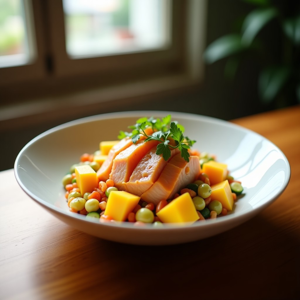 Poke bowl de atún fresco y mango con salsa ponzu, arroz para sushi y aguacate, lista para ser disfrutada