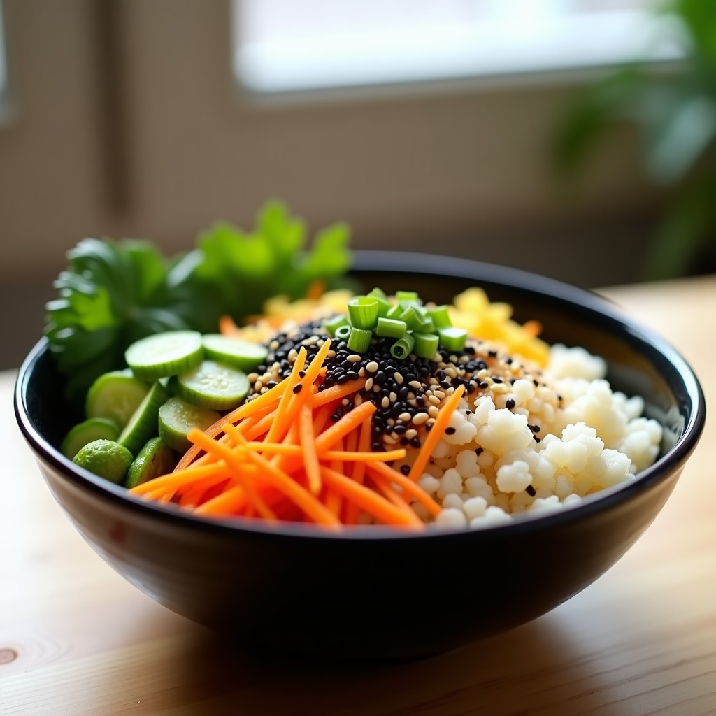 Poke bowl vegano y low carb con base de coliflor arrocada de color blanco, cubierto de aguacate en cubos, juliana de pepino, zanahoria morada rallada, edamame y semillas de sésamo negro y blanco. Decorado con tiras de alga nori y cilantro fresco, servido en un bol de cerámica oscuro sobre fondo rústico.