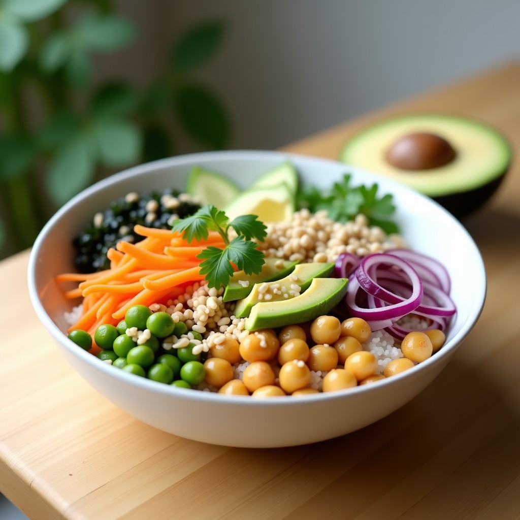 Poke Bowl vegano con arroz basmati, garbanzos tostados dorados, aguacate en cubos, edamame, zanahoria en juliana, pepino y cebolla morada, decorado con algas nori, semillas de sésamo y salsa de tahini con limón. Plato colorido y fresco sobre fondo neutro.