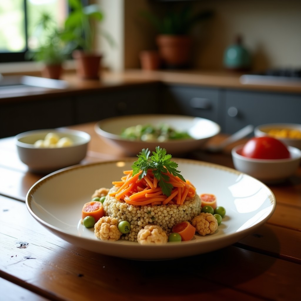 Poke Bowl hawaiano keto en bol blanco con base de quinoa fría, láminas de salmón ahumado, cubos de aguacate, juliana de pepino, cebolla morada en plumas, germinados de soja, semillas de sésamo negro y tiras de alga nori. Aderezo de wasabi verde claro vertido encima. Fondos neutros y luz natural.