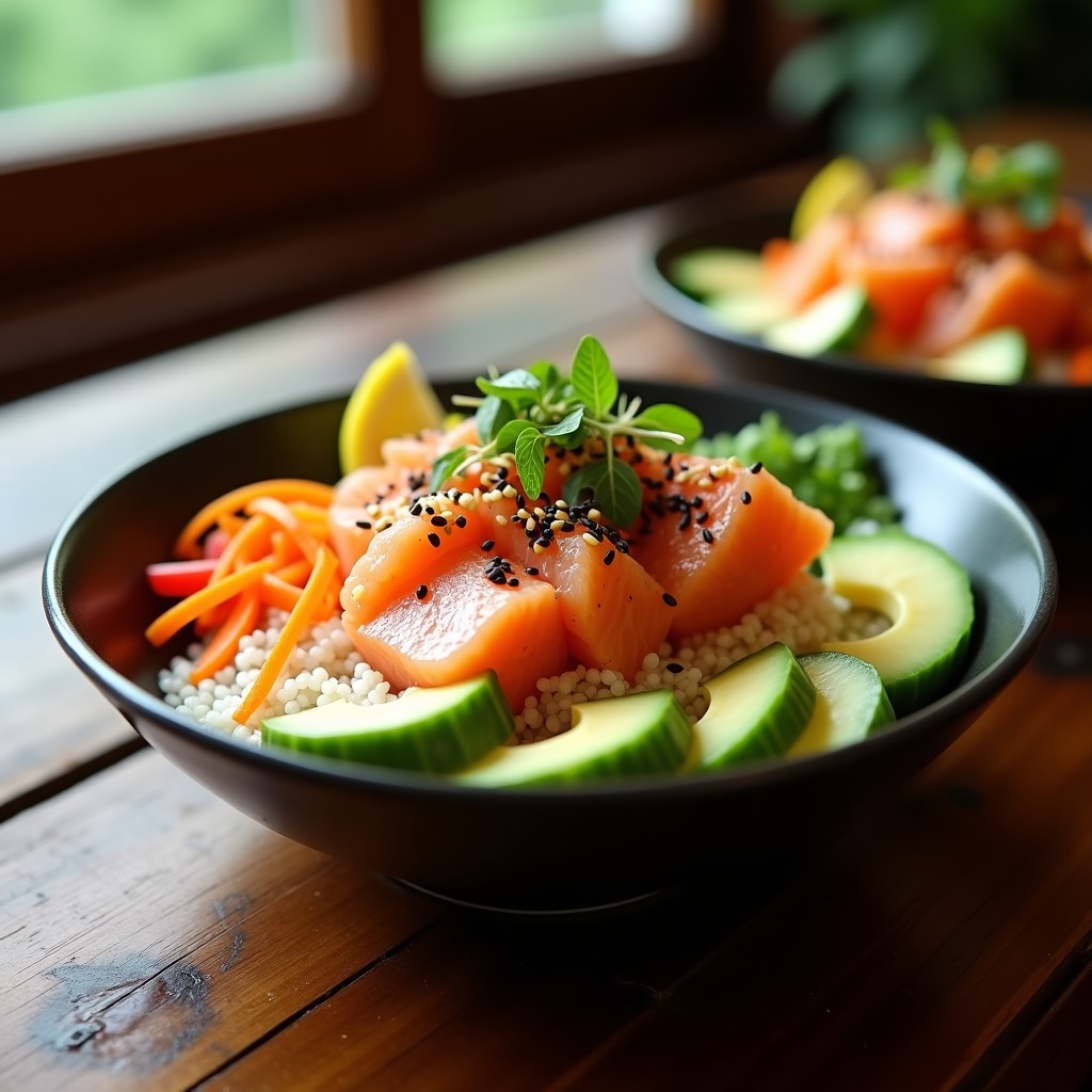 Poke Bowl hawaiano con base de quinoa blanca, salmón fresco en cubos marinado en salsa de soja y limón, rodeado de pimiento rojo, pepino, zanahoria, cebolla morada, aguacate y brotes de soja. Decorado con semillas de sésamo negro y algas nori desmenuzadas, servido en un bol de cerámica oscura sobre fondo de madera rústica.