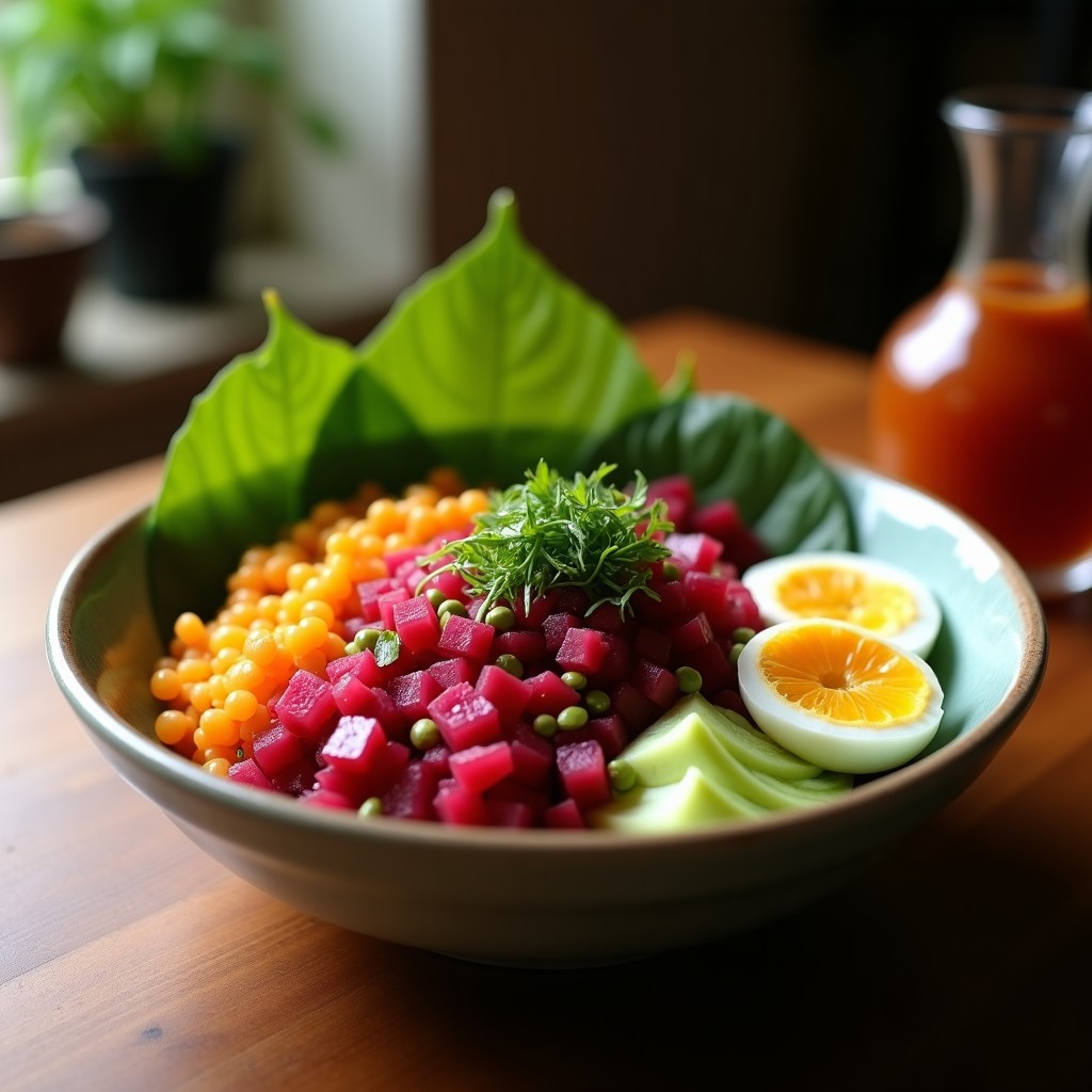 Poke bowl vegano en cuenco negro con base de arroz blanco, remolacha asada en cubos dorados, edamame verde brillante, aguacate en láminas, zanahoria juliana naranja, pepino fresco y algas nori. Aderezo cremoso de coco y lima vertido por encima, decorado con semillas de sésamo, copos de coco tostados y hojas de hierba luisa.