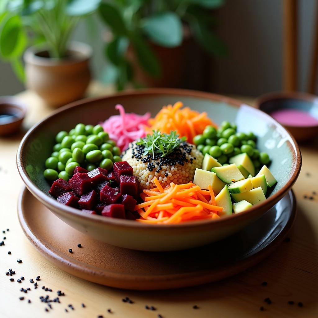 Poke bowl vegano en cuenco negro con arroz basmati, remolacha asada en cubos, rodajas doradas de raíz de loto, edamame, aguacate en láminas, algas nori y vinagreta de sésamo negro. Decorado con cebollino y pimienta de Sichuan.