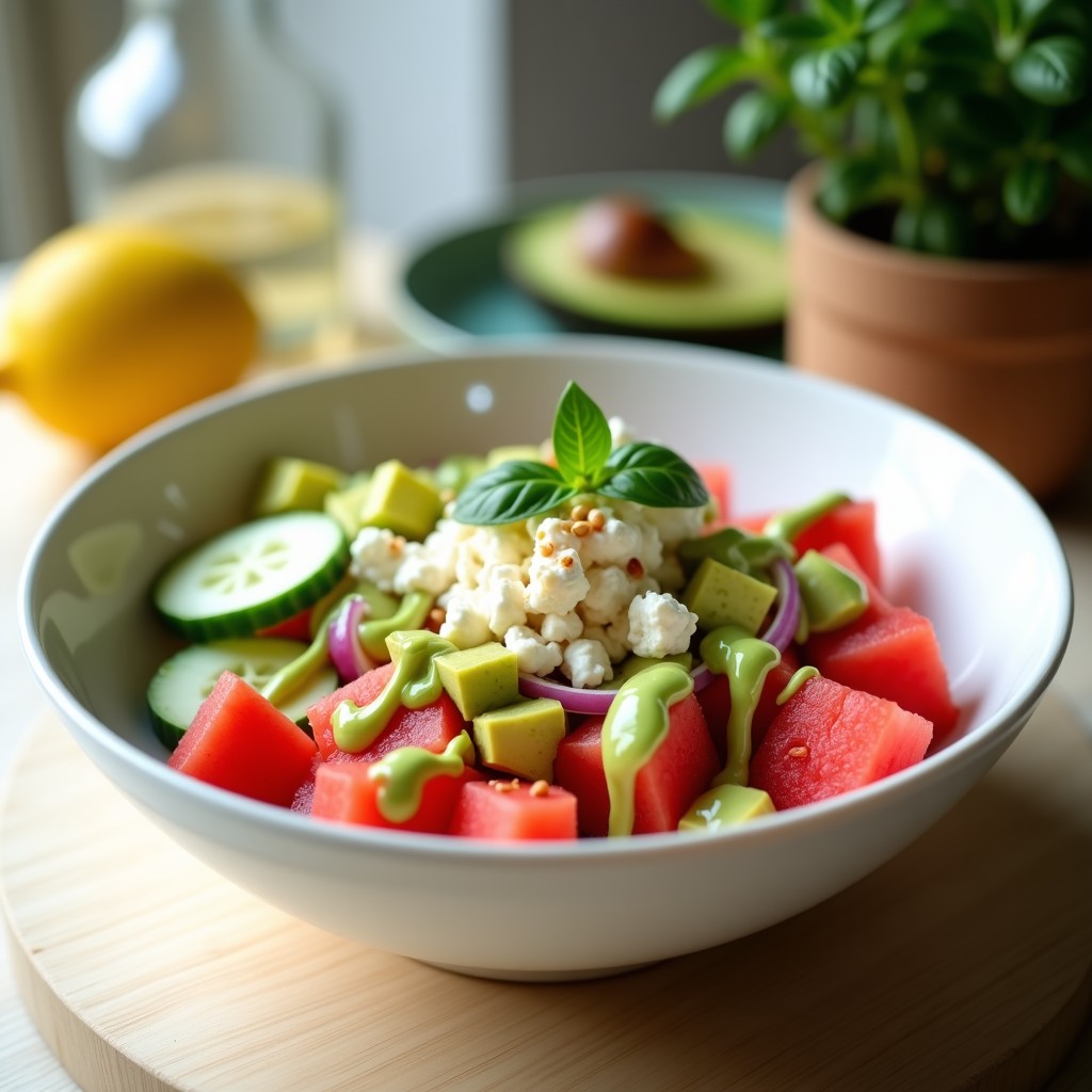 Poke Bowl colorido con cubos de sandía roja, queso feta desmenuzado, aguacate en láminas, edamame, pepino y cebolla morada, bañado en aderezo verde de albahaca y limón, decorado con semillas de sésamo y algas nori sobre fondo blanco.