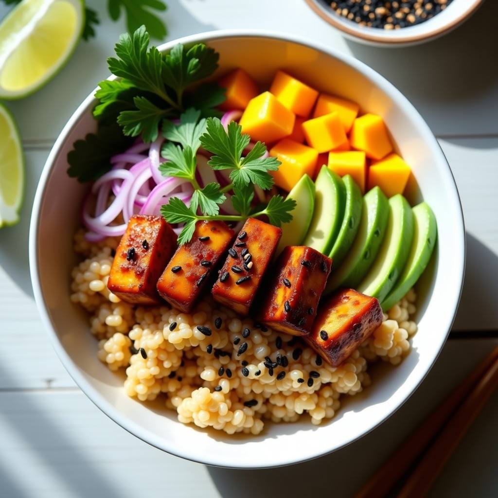 Poke bowl vegano hawaiano en un bol negro con base de arroz basmati, tofu ahumado en cubos dorados, láminas de aguacate verde, edamame, juliana de pepino y zanahoria morada, decorado con semillas de sésamo negro y blanco, algas nori y cebollino fresco.