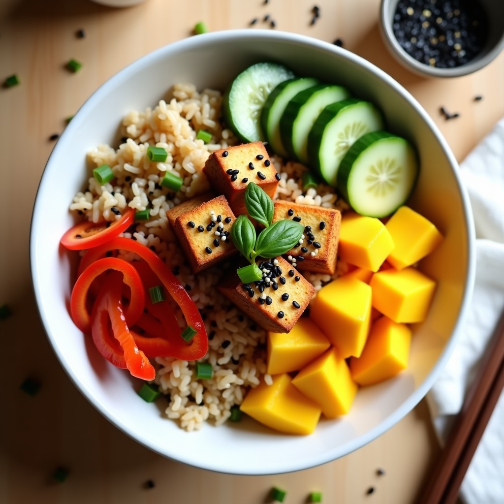 Poke Bowl vegano con tofu ahumado dorado, cubos de mango maduro, arroz basmati, pimiento rojo, pepino y semillas de cáñamo, bañado en aderezo cremoso de sésamo y decorado con semillas de sésamo negro y cebollino fresco.
