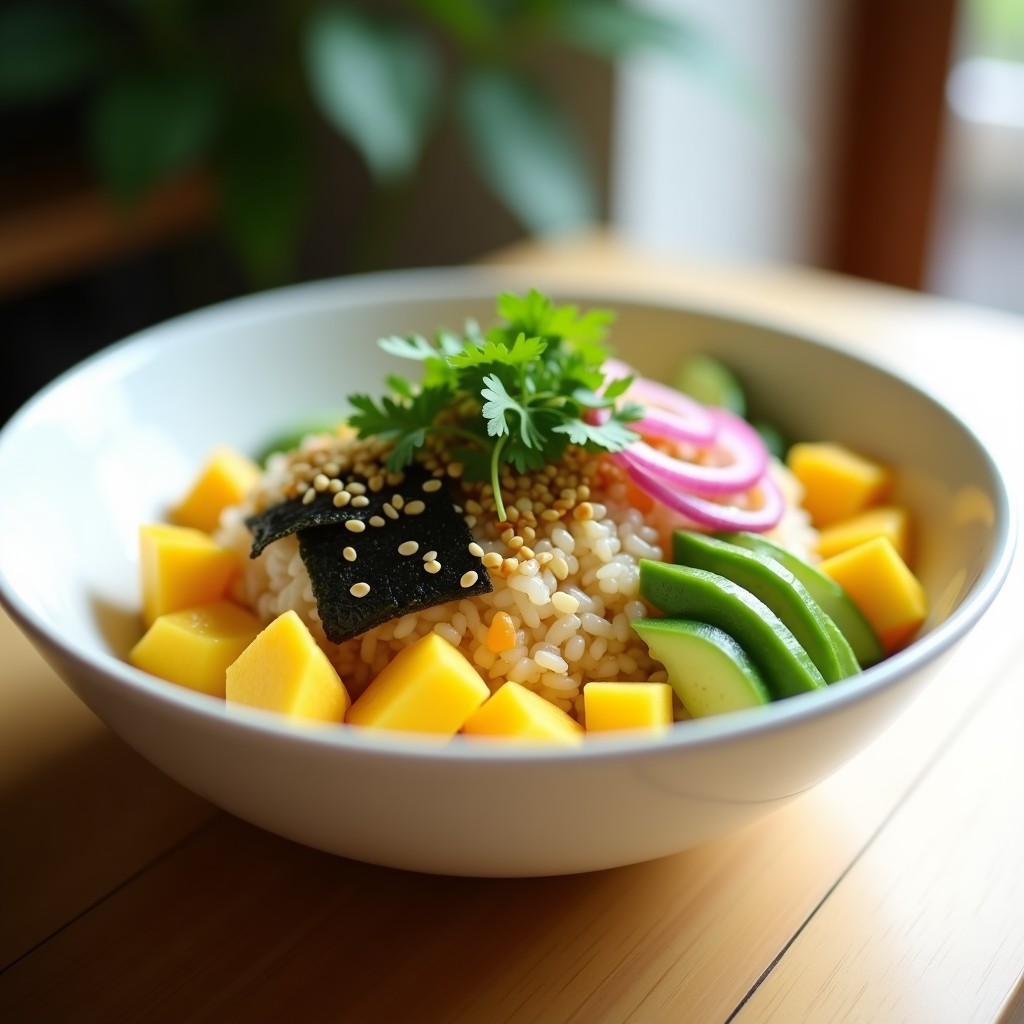 Poke bowl vegano en un bol de madera con base de arroz blanco, cubos de mango amarillo, aguacate cremoso, edamame verde, cebolla morada, pimiento rojo, algas nori y semillas de sésamo tostadas. Aderezo brillante de sésamo y limón sobre los ingredientes, decorado con cilantro fresco y rodajas de chile rojo.