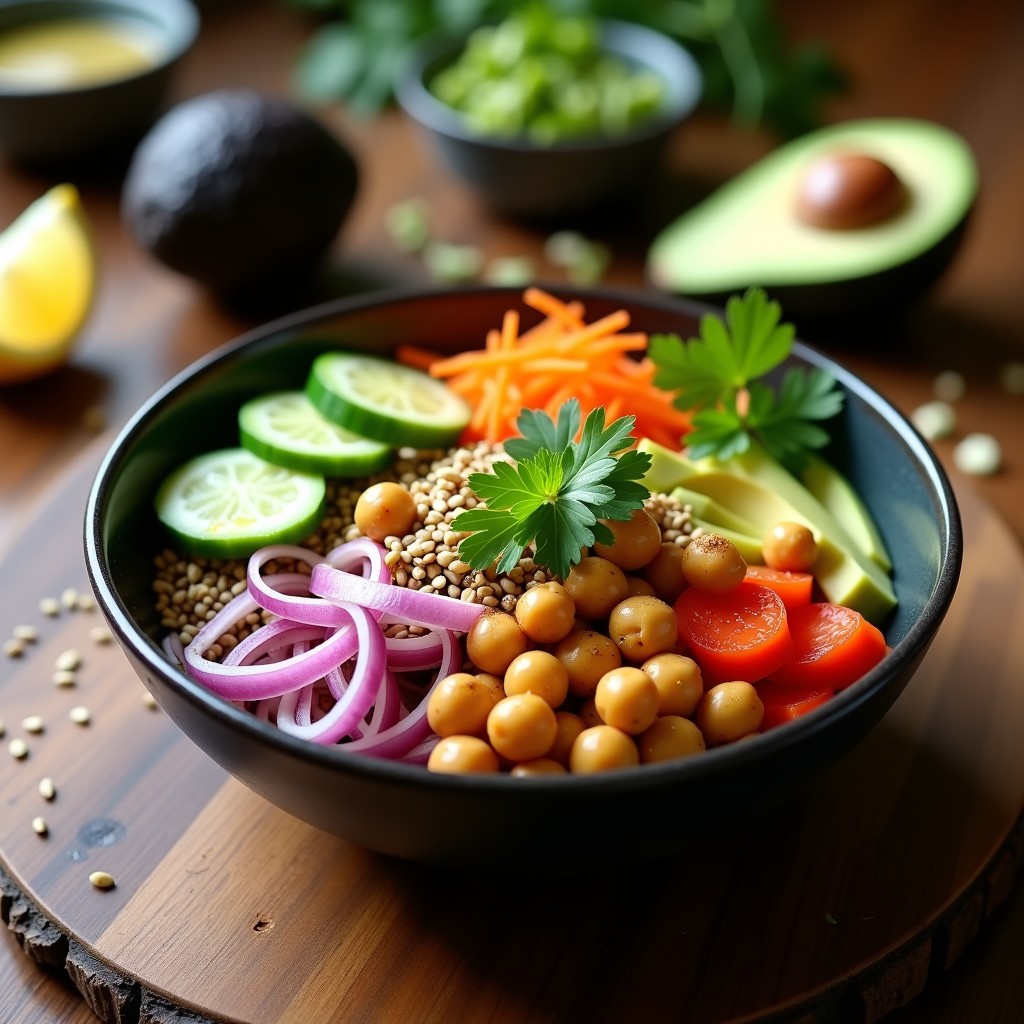 Bowl vegano de poke con garbanzos tostados dorados, aguacate en cubos, cebolla morada, pepino y zanahoria rallada, decorado con algas nori, semillas de sésamo y cilantro fresco, bañado en un aderezo brillante de limón y jengibre.