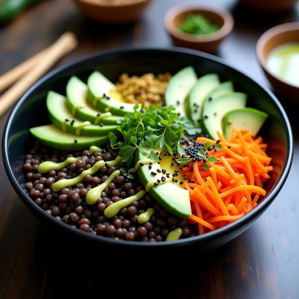 Bowl vegano colorido con lentejas beluga marinadas, cubos de aguacate cremoso, juliana de pepino y rábano daikon, decorado con semillas de sésamo negro y algas nori, bañado en aderezo de wasabi. Receta de poke de lentejas beluga y aguacate con wasabi.