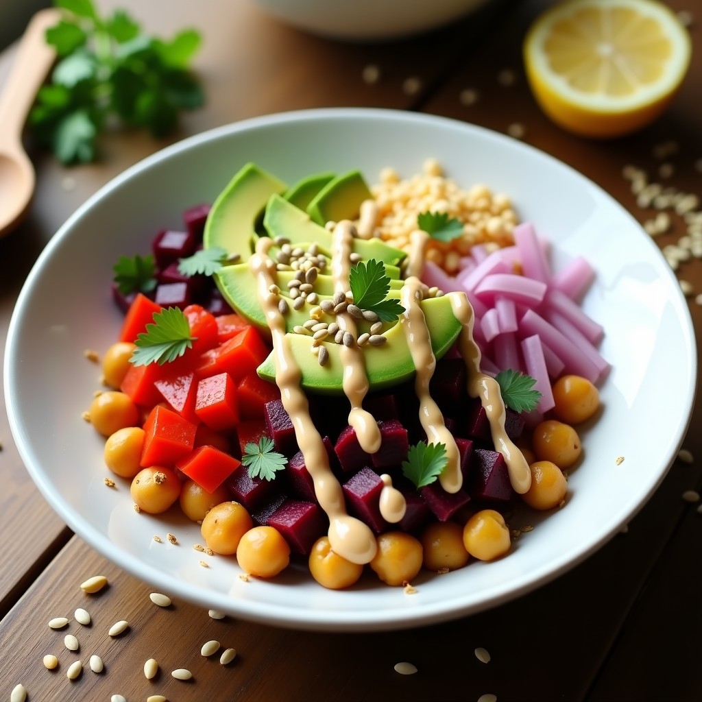 Bowl de poke vegano en cuenco de cerámica blanca con remolacha asada en cubos dorados, garbanzos marinados brillantes, cebolla morada en juliana, semillas de sésamo negro y blanco, cacahuetes picados y microvegetales. Dos salsas cremosas en recipientes aparte: una clara de tahini y otra roja de gochujang. Fondos de madera oscura y hierbas frescas.