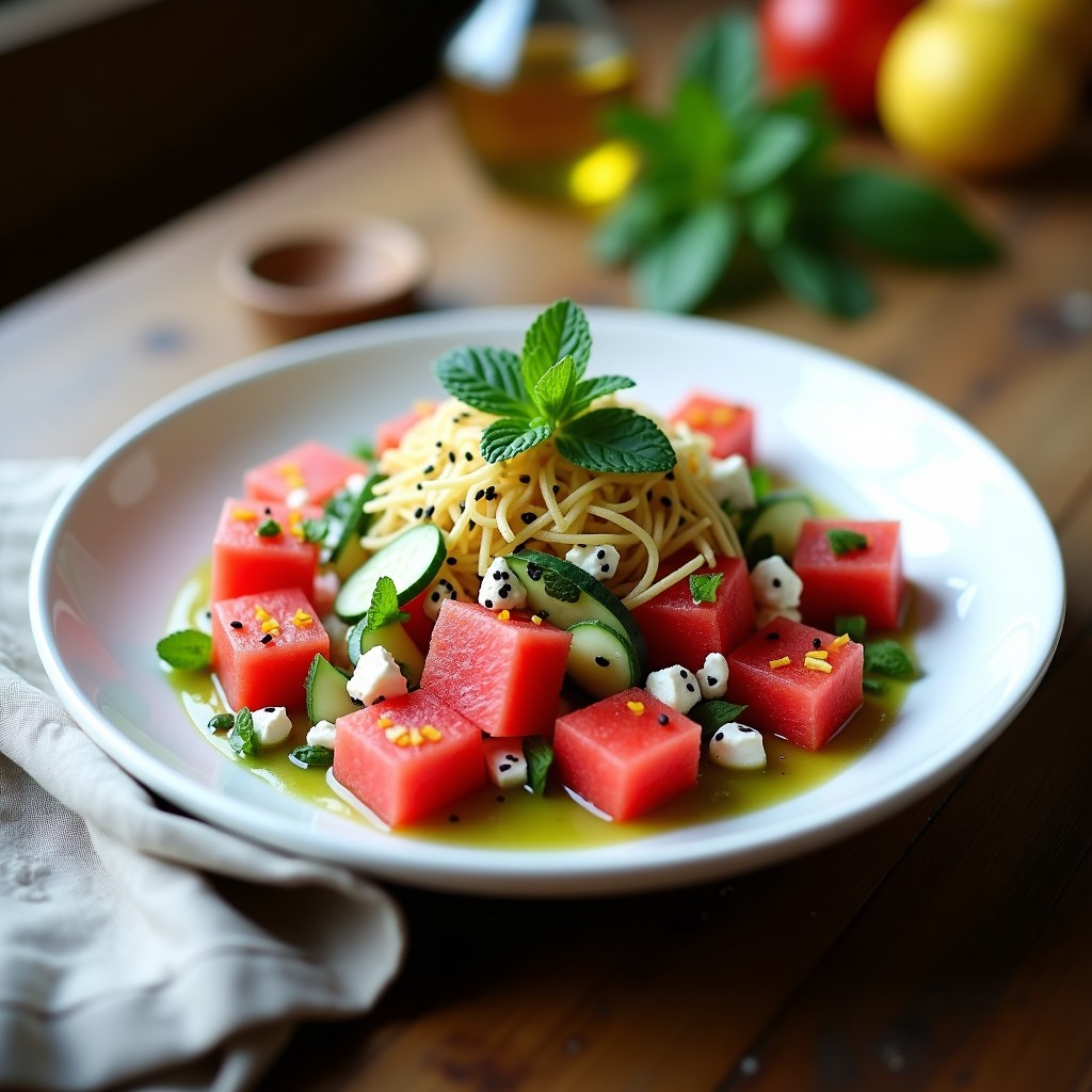 Poke de sandía y feta servido en cuenco de cerámica blanca, con capas de sandía en cubos, queso feta desmenuzado, pepino y cebolla morada. Aderezo verde de menta y semillas de sésamo negro espolvoreadas, sobre fondo rústico de madera con hojas de menta fresca.