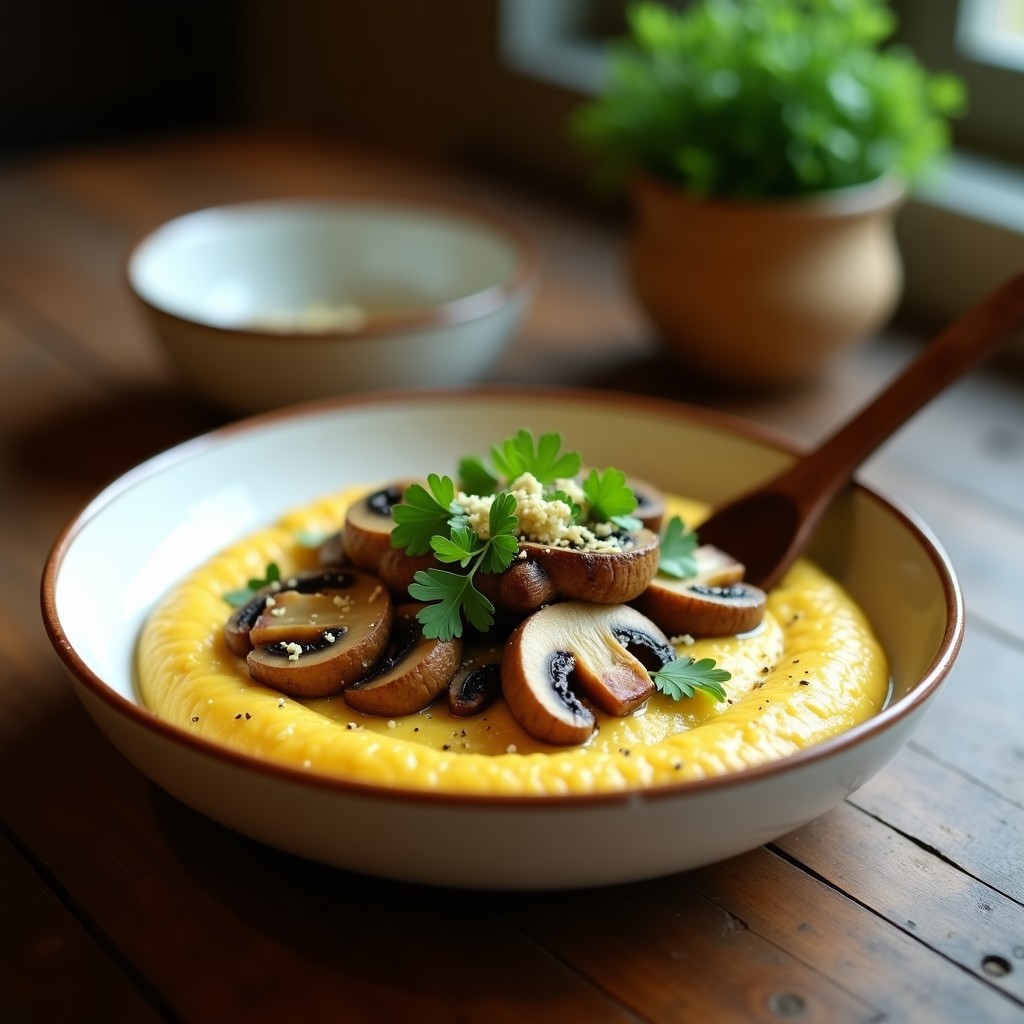Plato hondo de barro con polenta cremosa de color amarillo pálido, coronada por láminas doradas de champiñones portobello salteados, decorada con hojas de salvia fresca y un hilo de aceite de oliva virgen extra, sobre fondo de madera rústica.