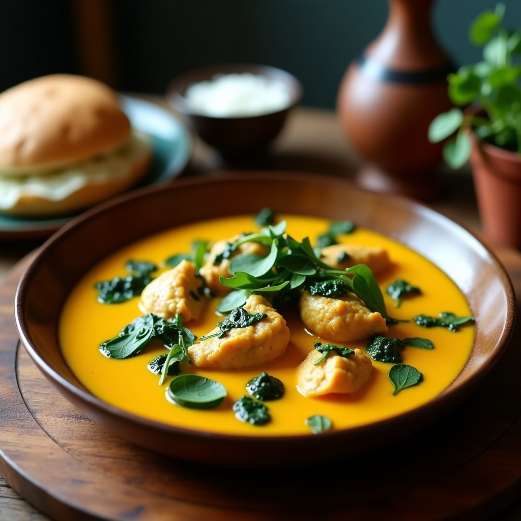 Foto de un plato de pollo al curry cremoso con leche de coco y espinacas frescas, servido en un plato blanco con cilantro fresco picado