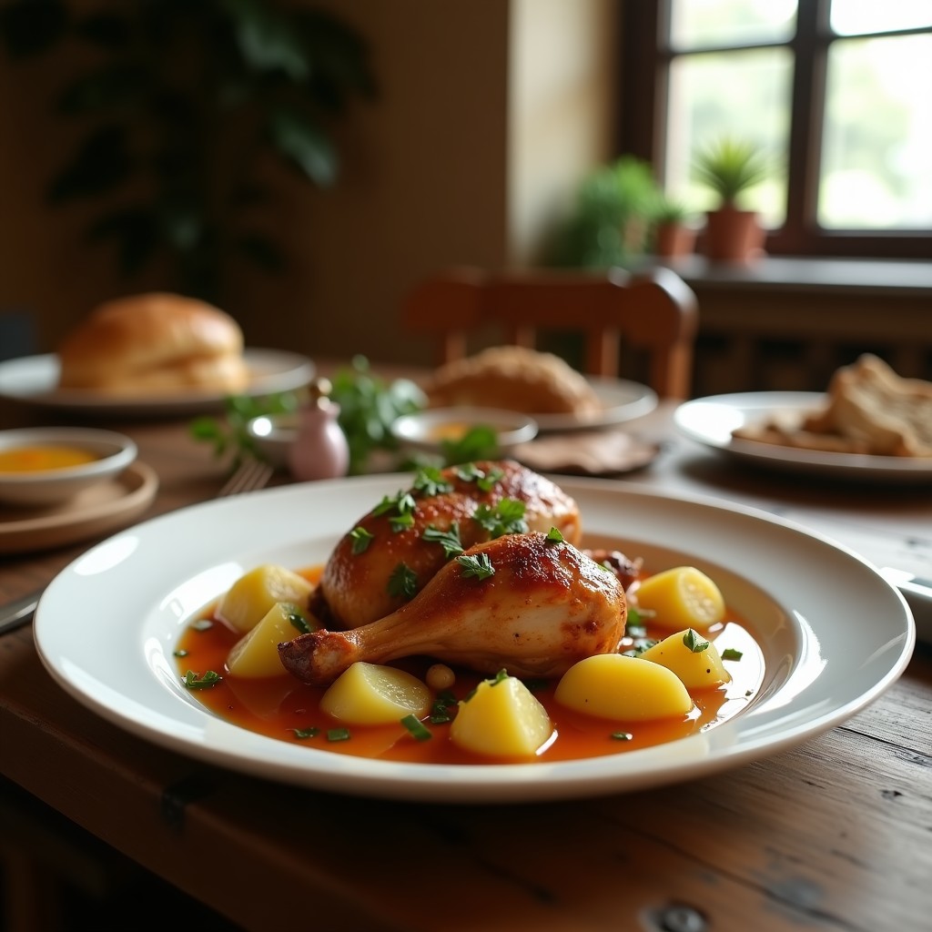 Pollo al Horno con Patatas y Cebolla Confitada