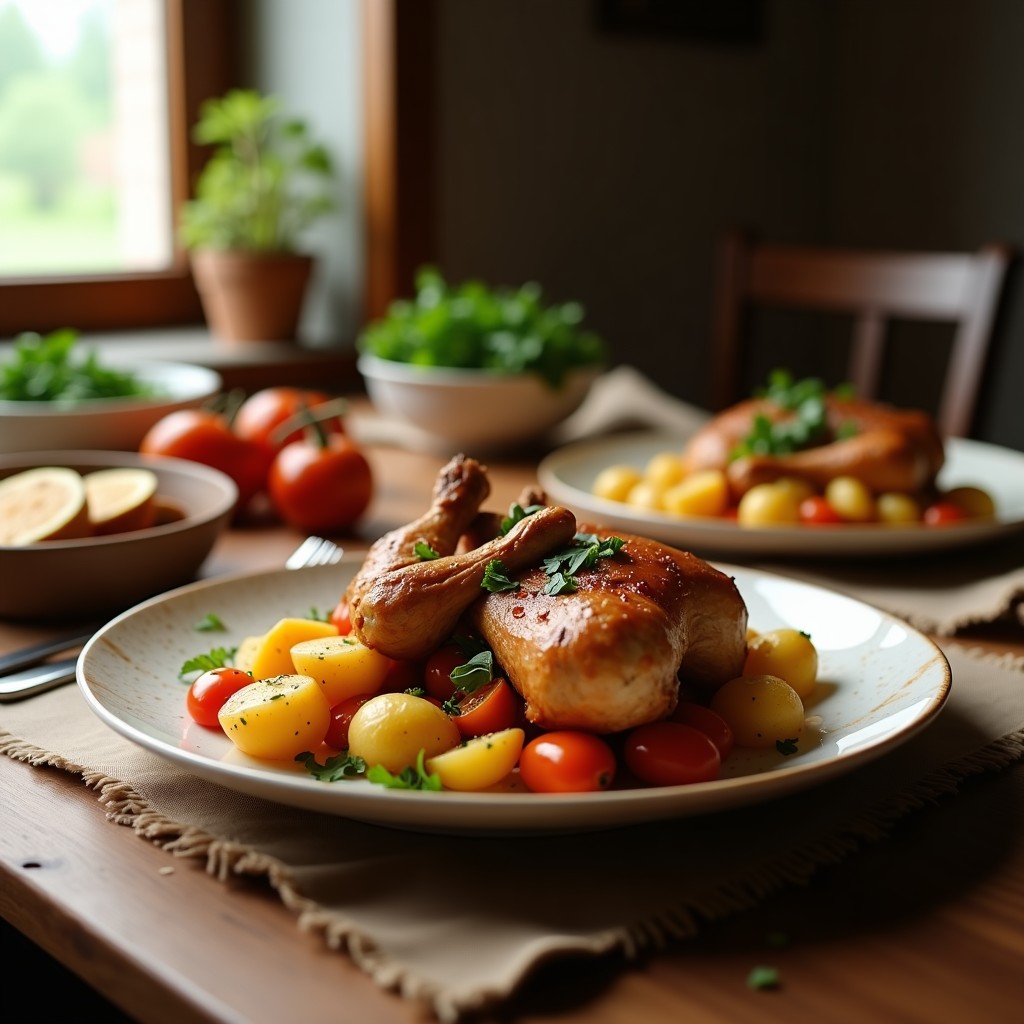Pollo al horno con salsa de pimientos asados y patatas rústicas crujientes, lista para servir en una mesa familiar