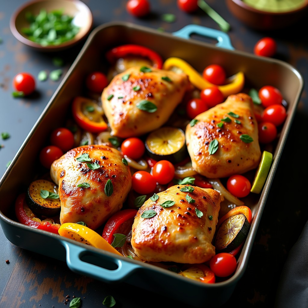 Pollo al Horno con Verduras Mediterráneas: Receta Jugosa y Fácil en 1 Hora