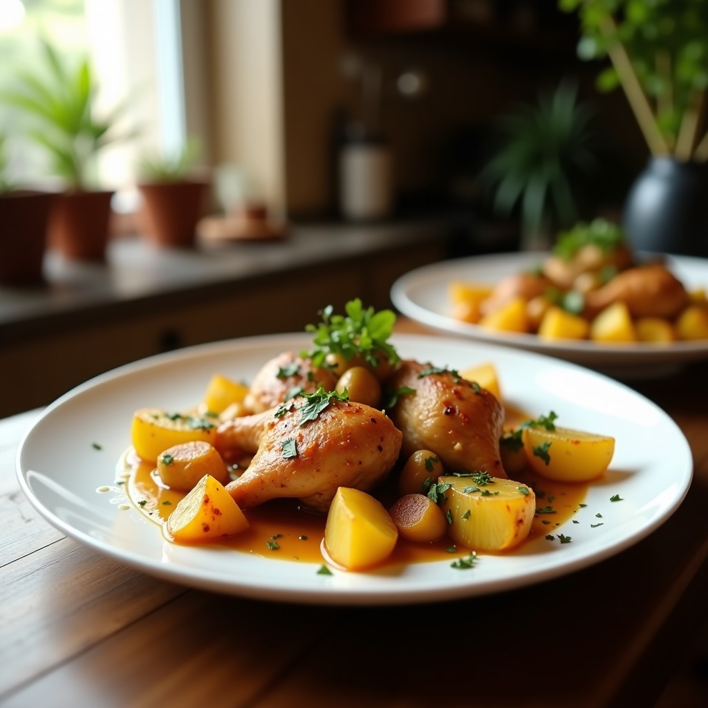 Pollo al horno con limón y tomillo, patatas panadera y hierbas frescas en una bandeja de horno, lista para servir. Pollo al horno con limón y tomillo