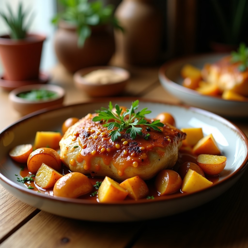 Pollo al horno con patatas y cebolla asada, receta fácil y económica, jugosa y crujiente, lista para servir