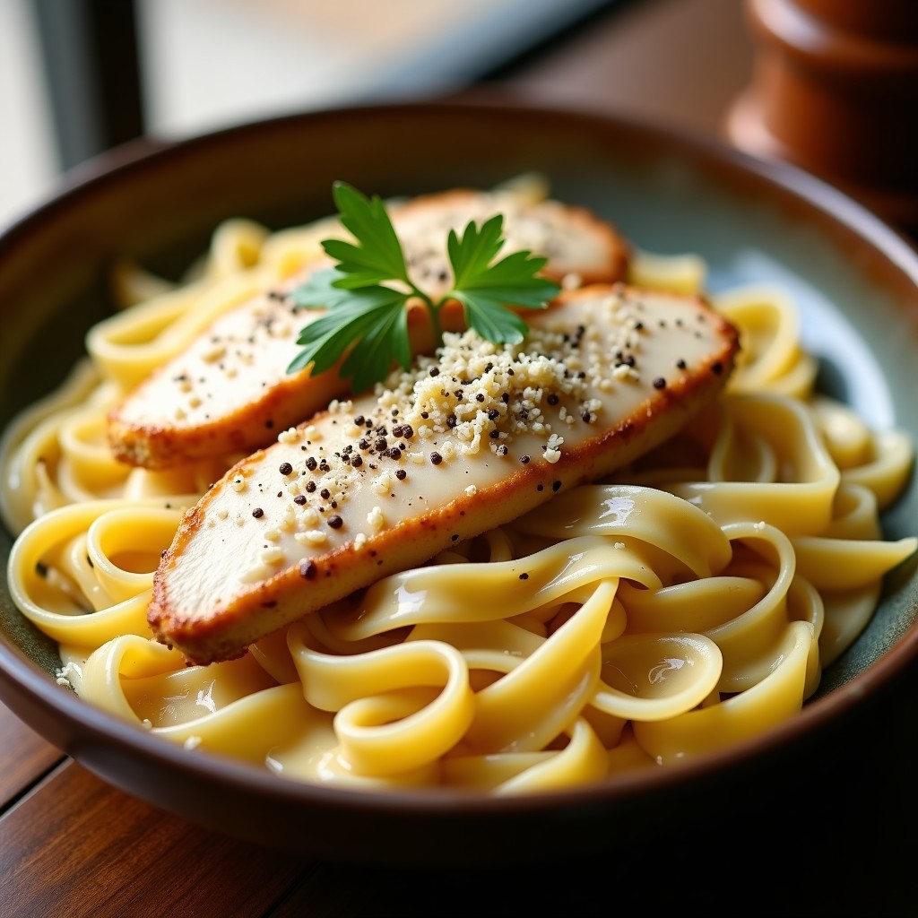Foto de un plato de Pollo Alfredo cremoso con fettuccine, decorado con perejil fresco y queso parmesano rallado