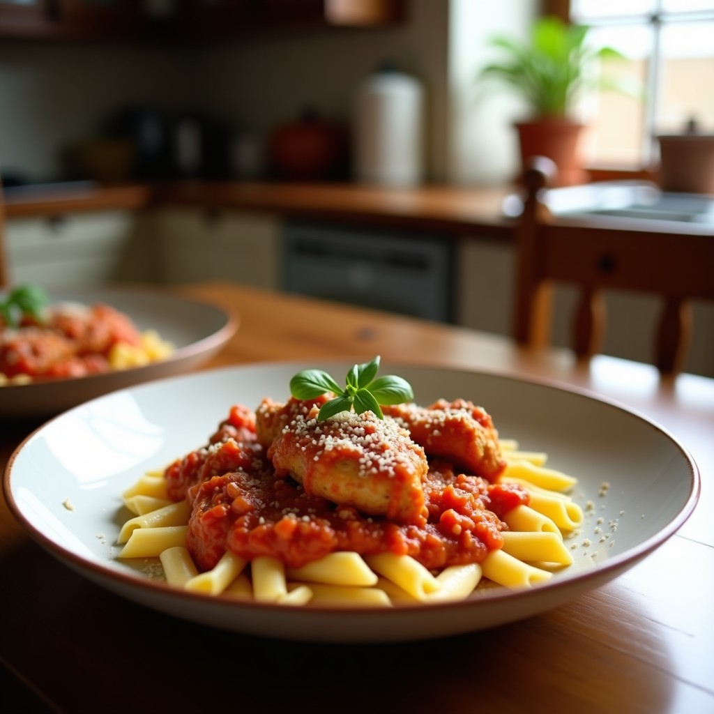 Foto de un plato de pollo arrabbiata cremoso con pasta penne, con un toque picante y queso parmesano rallado