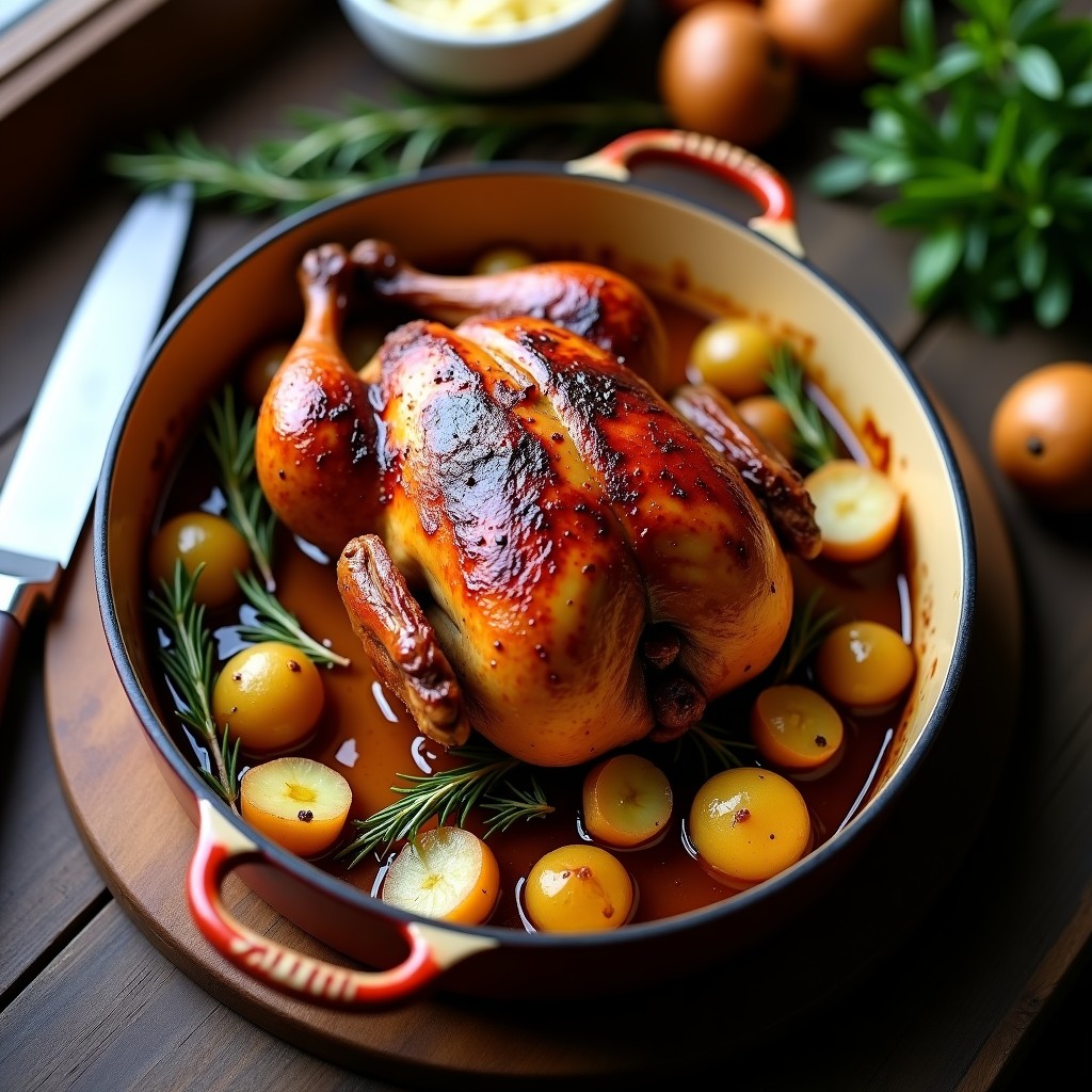 Pollo Asado a la Cerveza, Miel y Mostaza con Patatas Confitadas