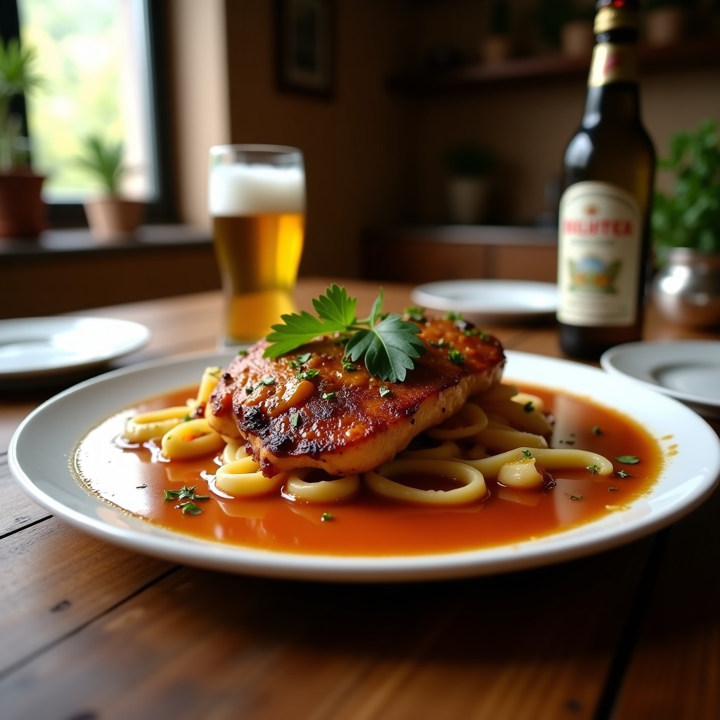 Pollo asado a la cerveza con miel y mostaza, receta fácil y jugosa, lista para servir en una bandeja de horno