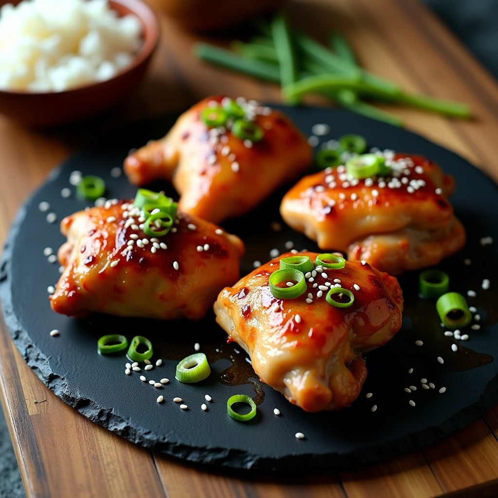 Pollo asado crujiente con glaseado de miel y soja, lista para servir, con ingredientes frescos y aromáticos alrededor