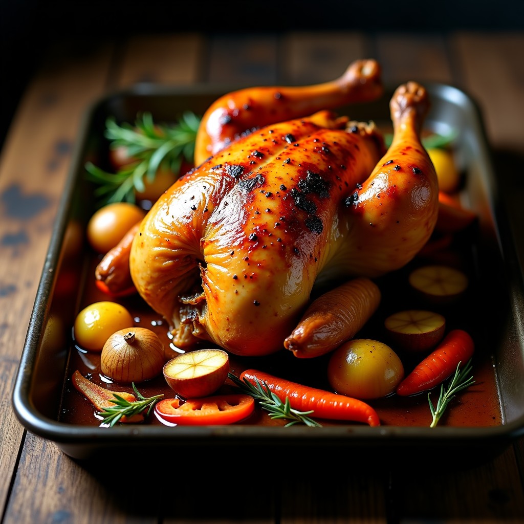 Pollo asado crujiente con patatas panadera y verduras al horno, receta fácil y económica