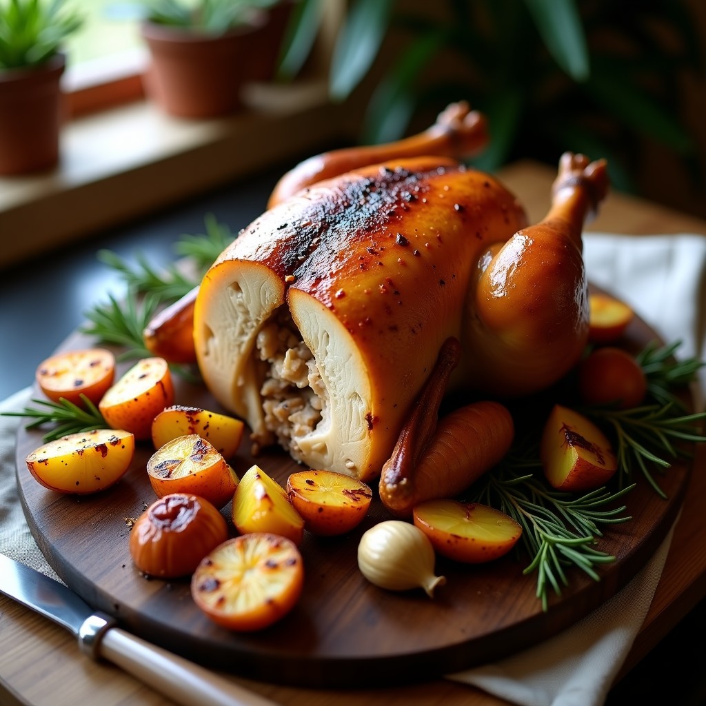 Pollo asado crujiente con patatas y romero fresco en una bandeja de horno, lista para servir