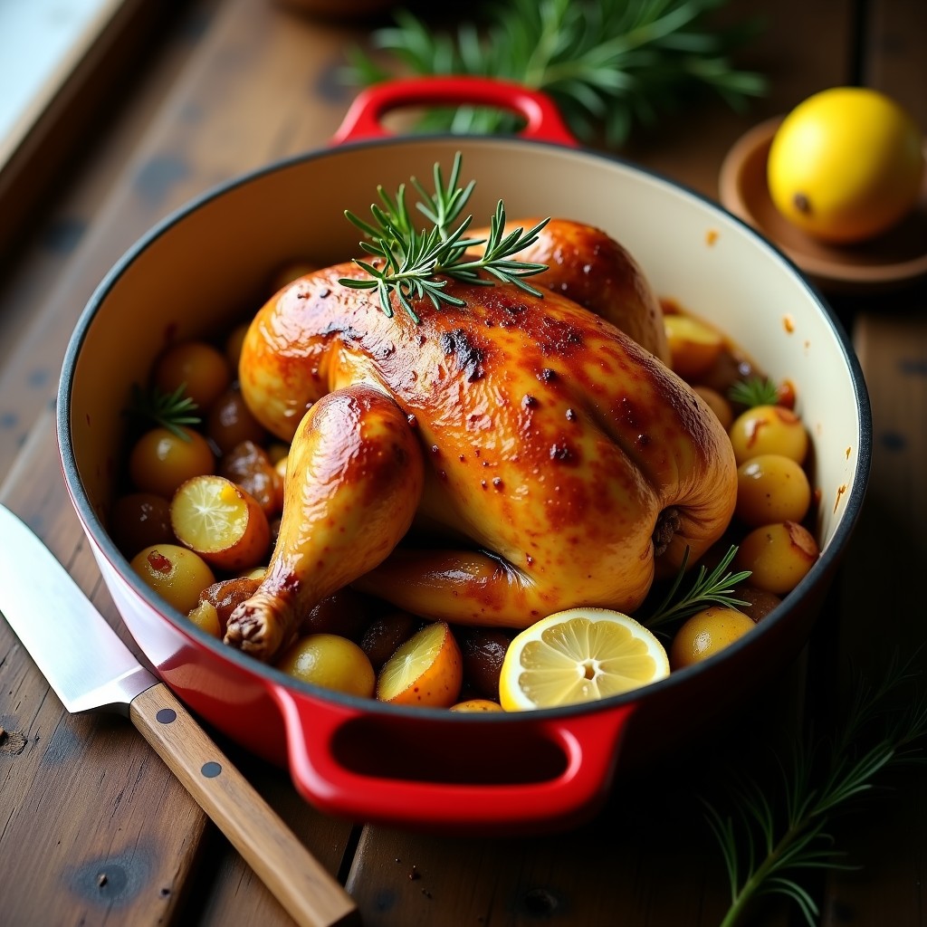 Pollo asado al limón y hierbas con patatas panadera, receta fácil y jugosa