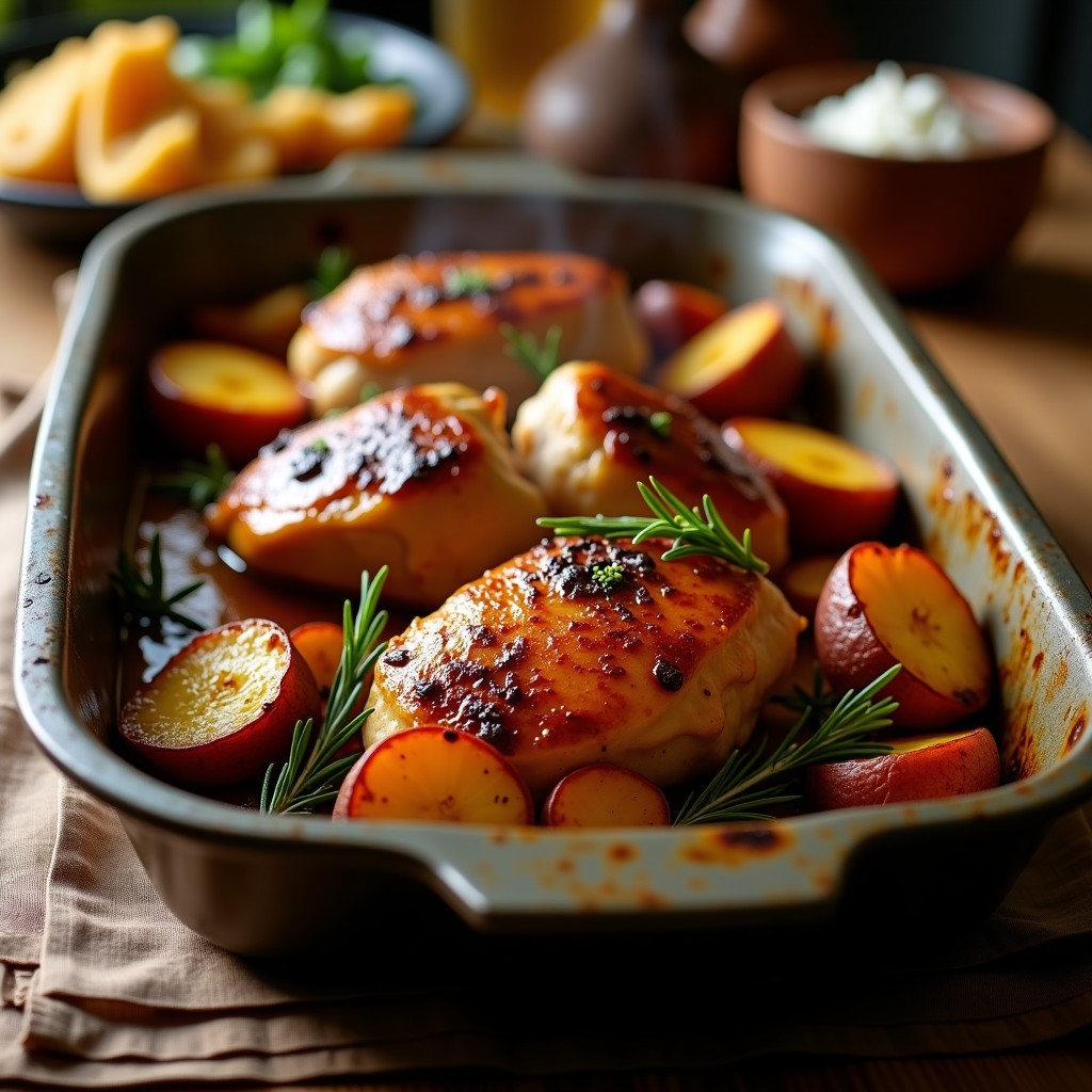 Pollo Asado a la Mostaza y Miel con Patatas Panadera Crujientes